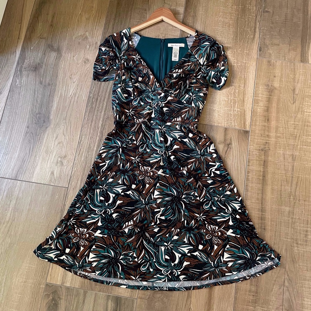 Laundry Dress Women's 4 Teal Green Brown Paisley Floral Short Sleeve Surplice